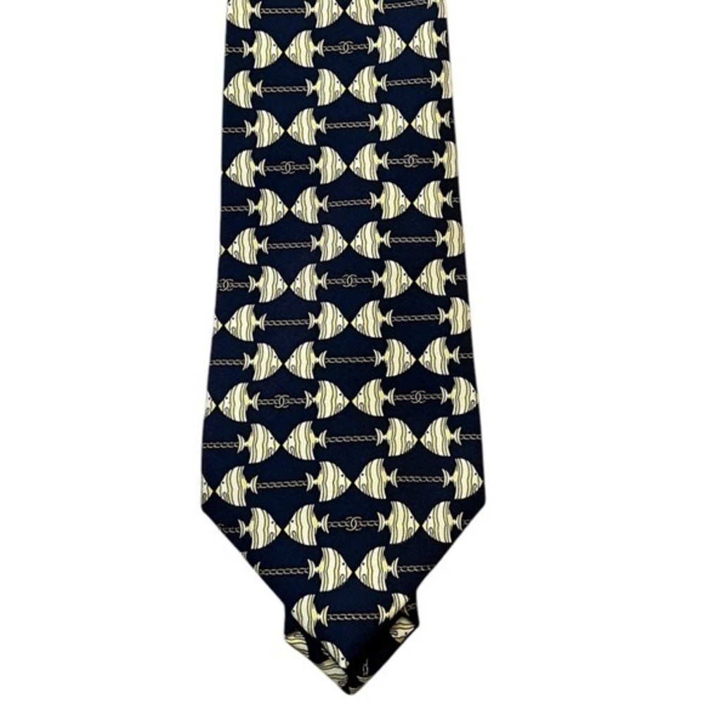CHANEL silk tie, angelfish w/ chain & double C logo, navy blue & yellow/gold